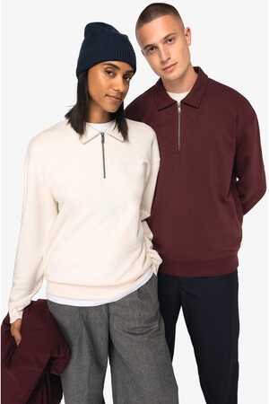 Umweltfreundliches Unisex-Sweatshirt mit Reißverschluss, Polokragen und überschnittenen Schultern