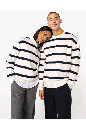 Umweltfreundliches Unisex-Sweatshirt mit gestreiftem Rundhalsausschnitt und überschnittenen Schulter